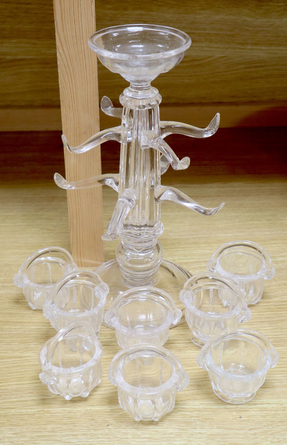 An Archimede Seguso Murano clear glass punch set, eight baskets stand, height 33cm